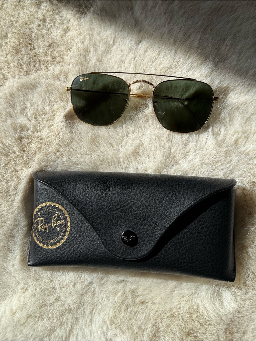 Ray-Ban Gold Frame Hexagonal Sunglasses with Dark Lenses